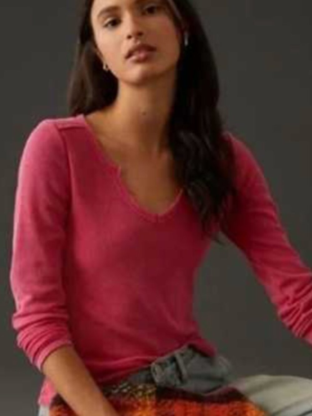 Anthropologie Pilcro Notched Waffle Knit Tee Long Sleeve Hot Pink - Size Small